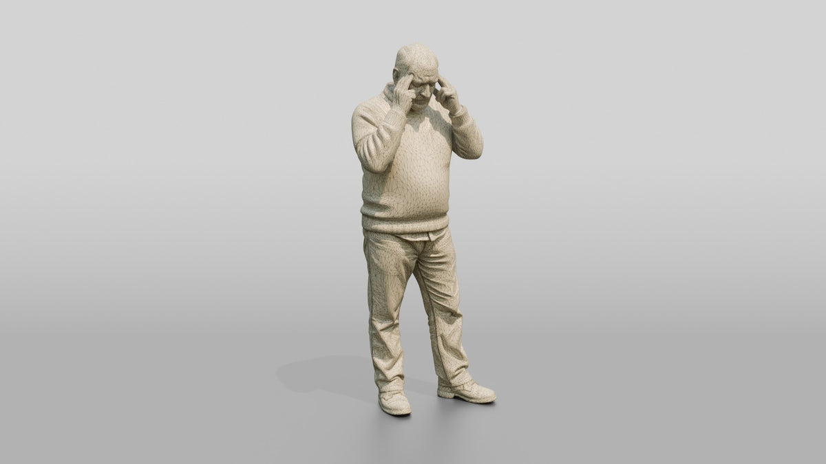 Homeless Man Looking Thoughtful While Rubbing His Temples - wireframe topology preview