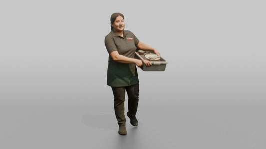 Server Woman Carrying A Bus Tub Of Dishes - 3D character model
