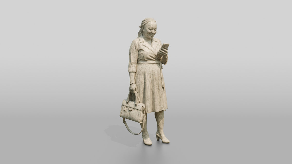 Woman in Wrap Dress with Colorful Print Trim Checking Her Phone - wireframe topology preview