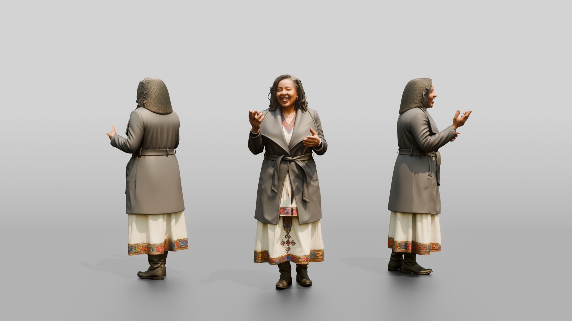 Plus-Size African Woman Laughing in a Wrap Coat