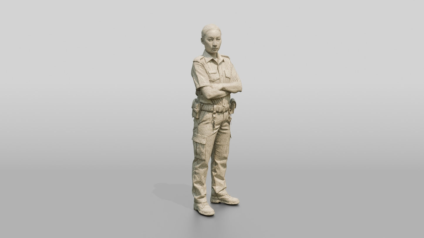 East Asian Female Guard in a Dark Green Guard Uniform