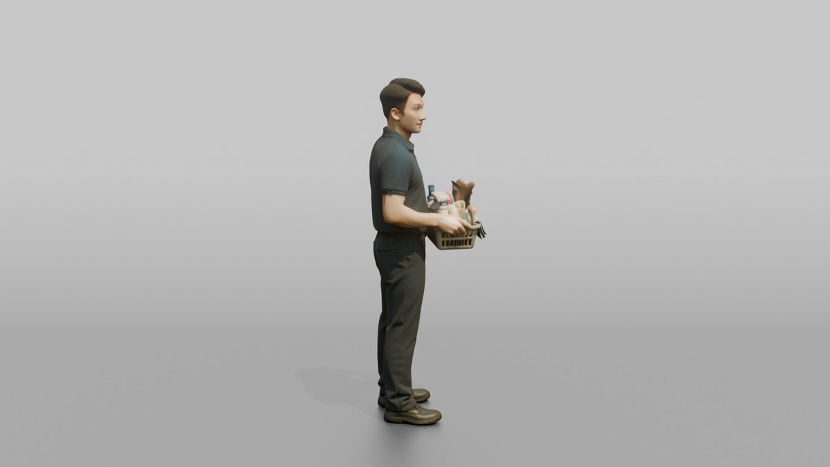 Housekeeping Staff Woman Carrying A Basket Of Cleaning Supplies - 3D character model, view 2