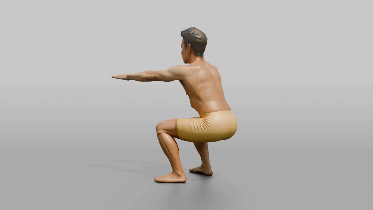Bodyweight Athlete Man Doing A Bodyweight Squat, Arms Extended Forward - 3D character model, view 4