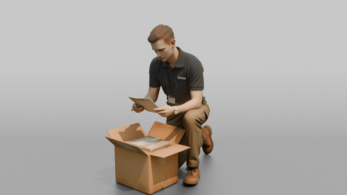 Man Stock Clerk Checking A Delivery Box Against A Packing Slip - 3D character model, view 4