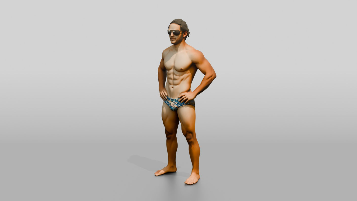 Latino Man in Geometric Swim Brief Beach Pose