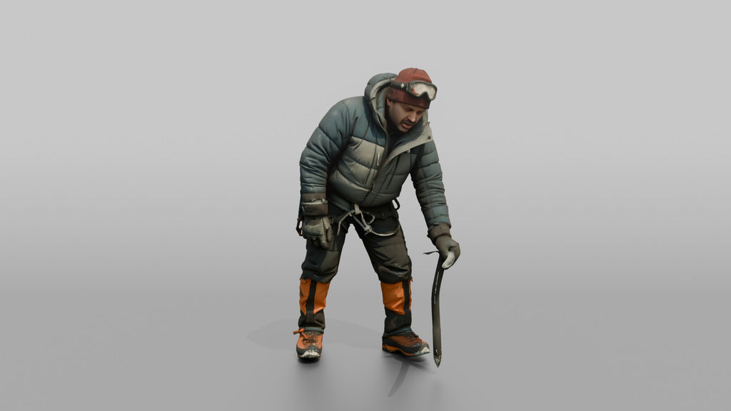 Climber Leaning on an Ice Axe, Catching Her Breath