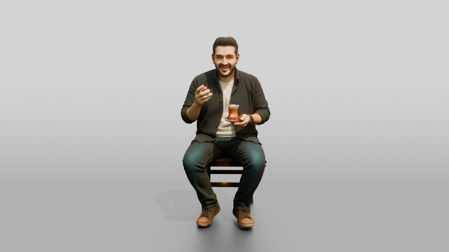 Man Gesturing with Tea and Earbuds