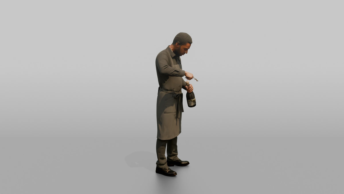Server Woman Holding A Corkscrew, Opening A Wine Bottle - 3D character model, view 2