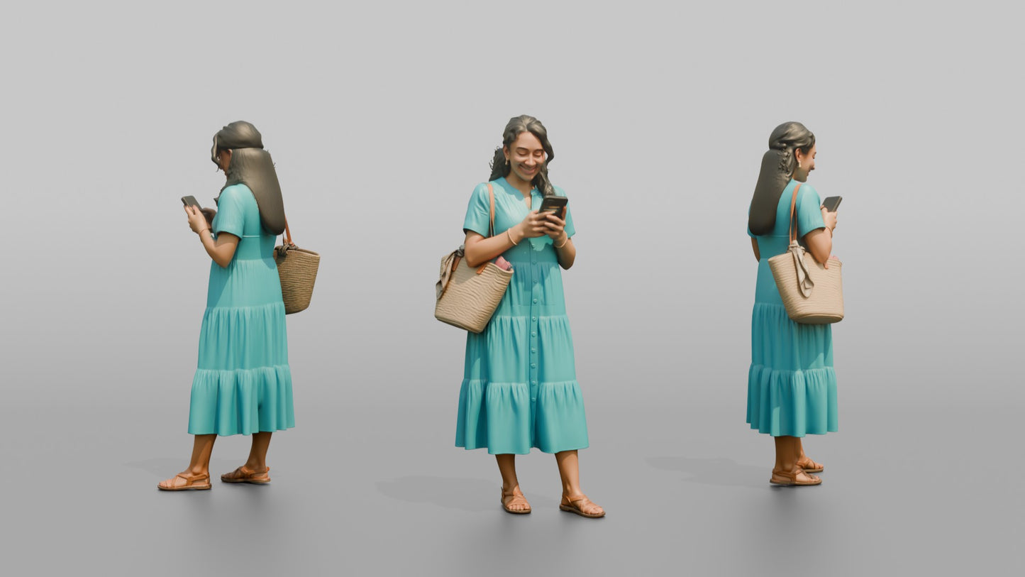 Vacationer Wearing Bright Turquoise Summer Dress And Straw