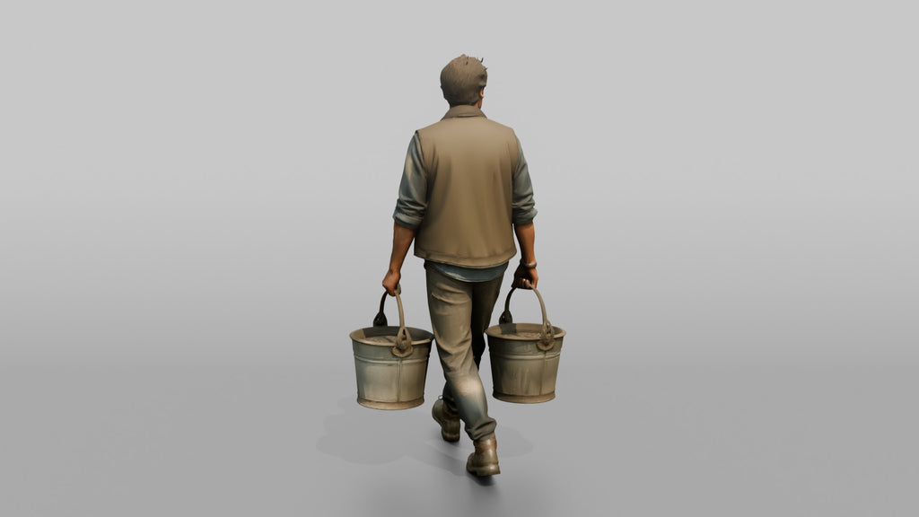 Farmer Carrying Pair Of Heavy Iron Bucket Pails