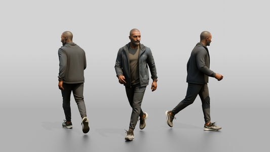 Black Man in Navy Windbreaker Walking Quickly