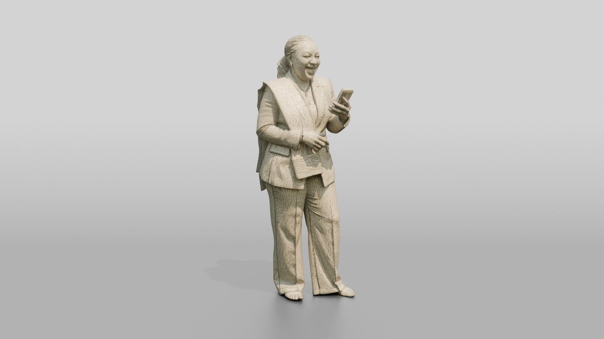 African Woman in a White Pantsuit Laughing at Her Phone - wireframe topology preview