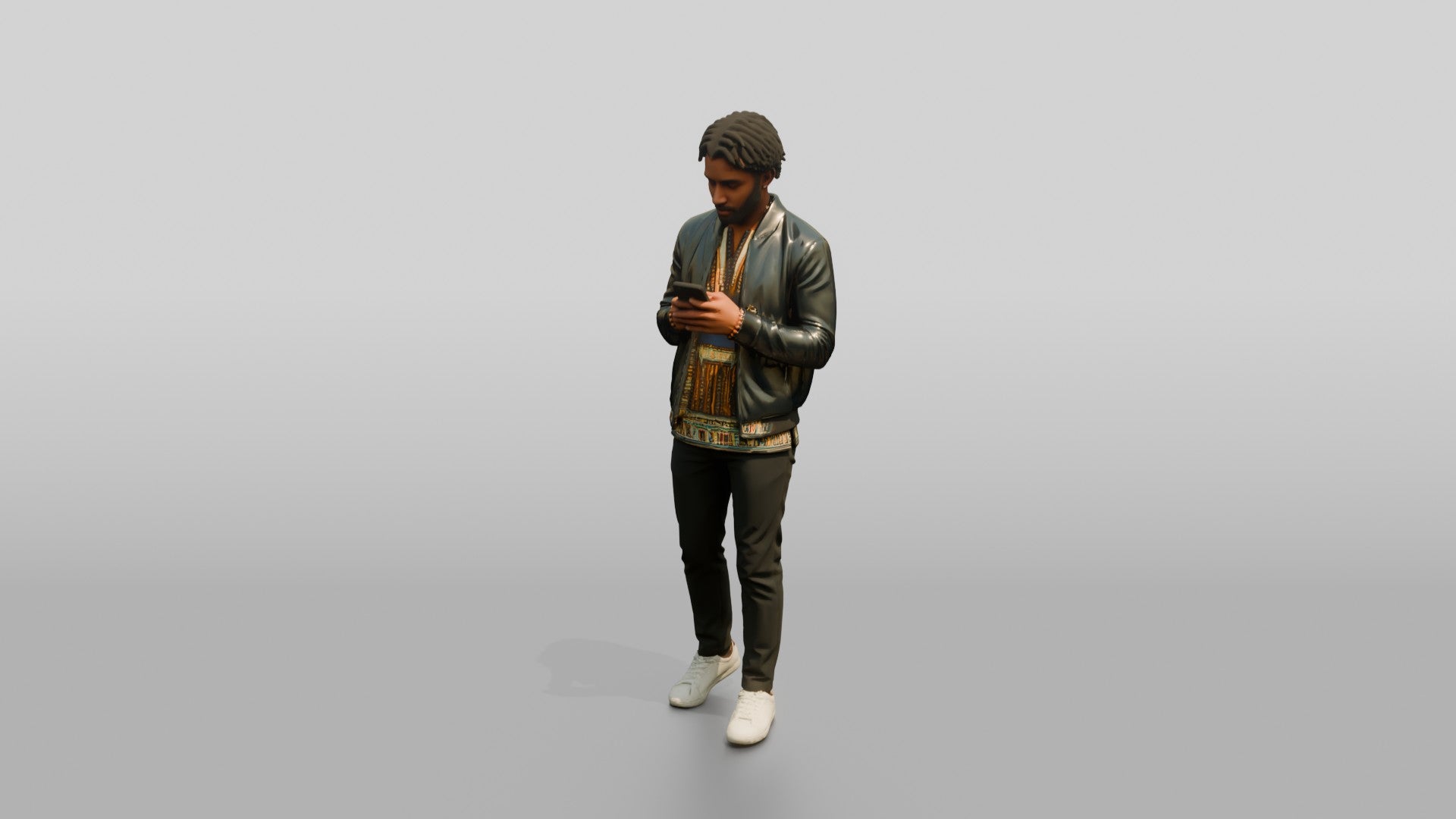 Stylish African Man Texting in a Leather Bomber Jacket