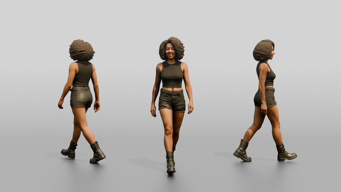Woman with Curly Hair Walking in Olive Tank Top and Shorts