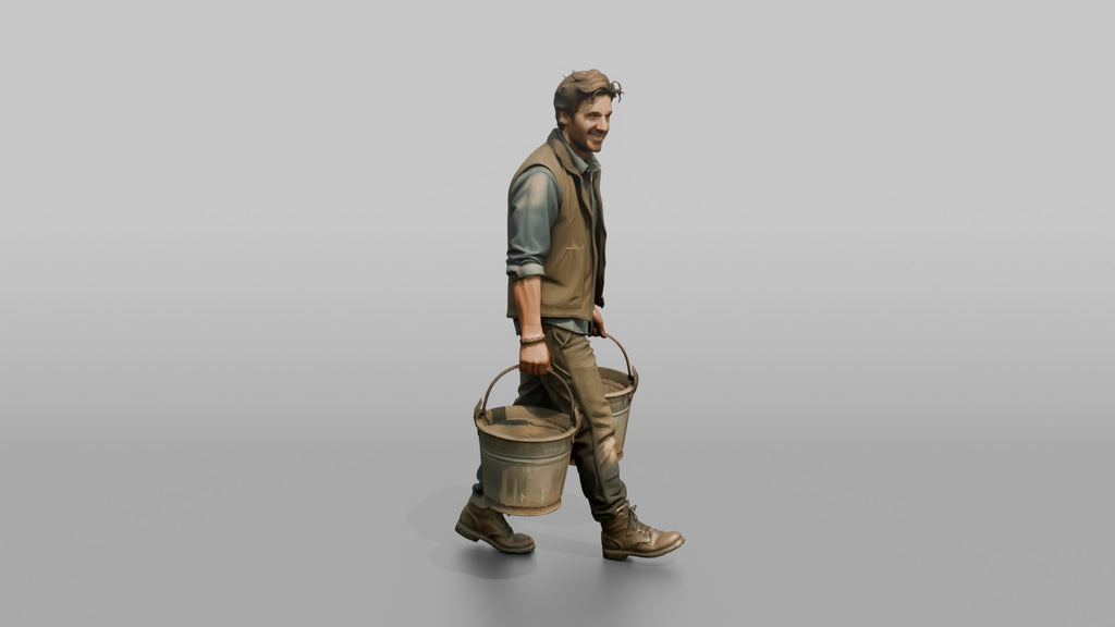 Farmer Carrying Pair Of Heavy Iron Bucket Pails