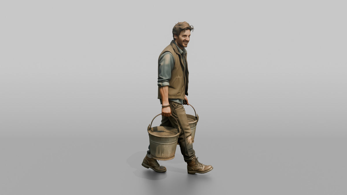 Farmer Carrying Pair Of Heavy Iron Bucket Pails - 3D character model, view 1