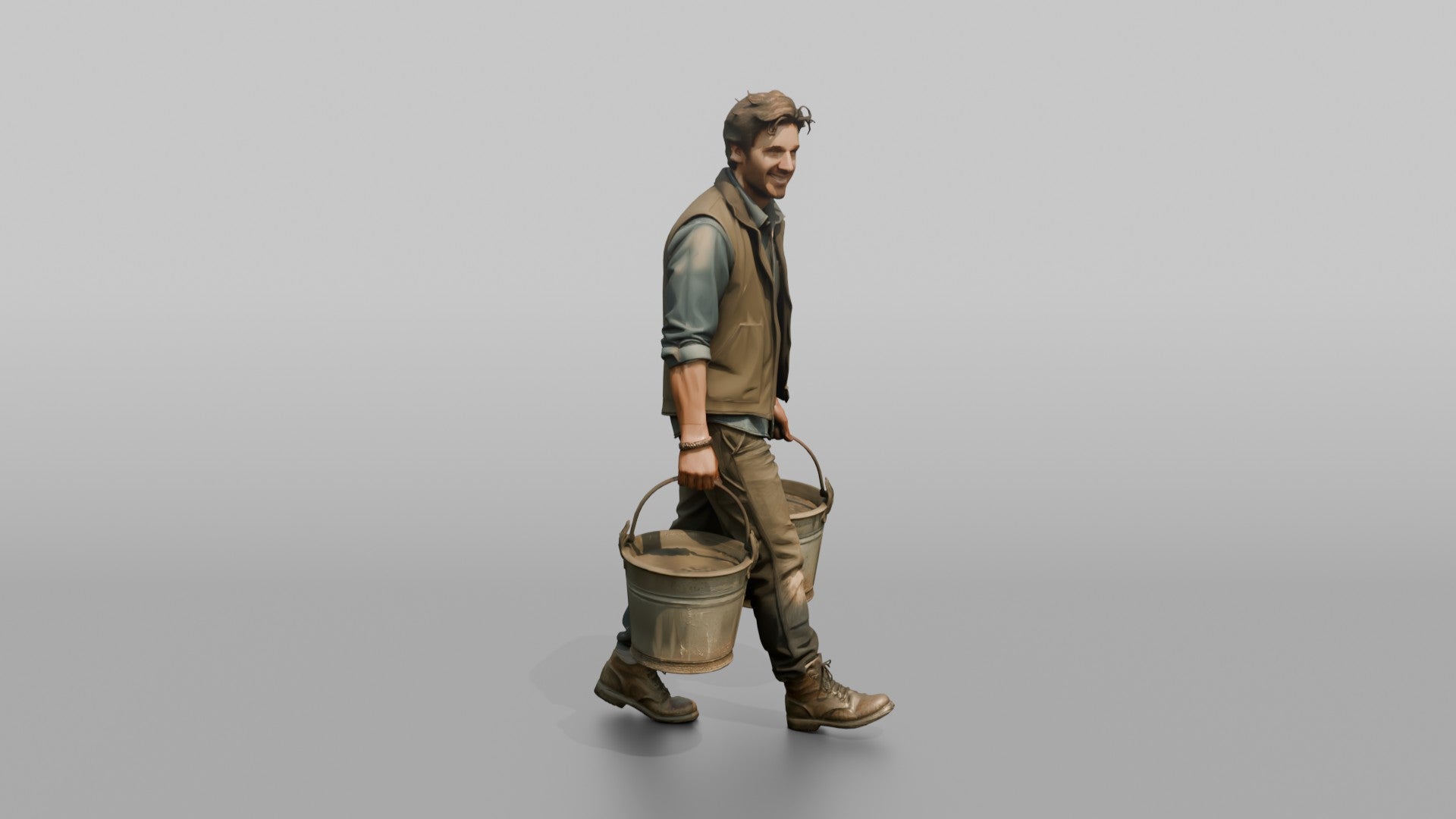 Farmer Carrying Pair Of Heavy Iron Bucket Pails
