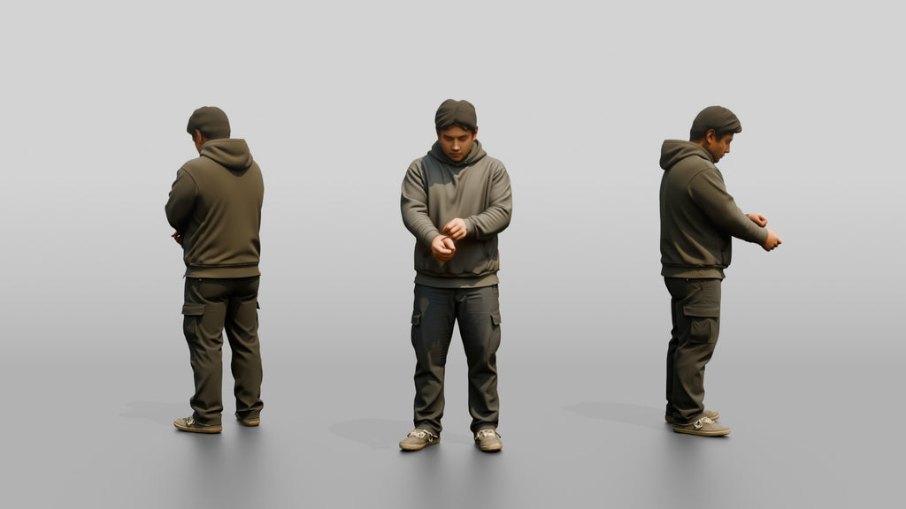 Homeless Man Adjusting His Worn Hoodie