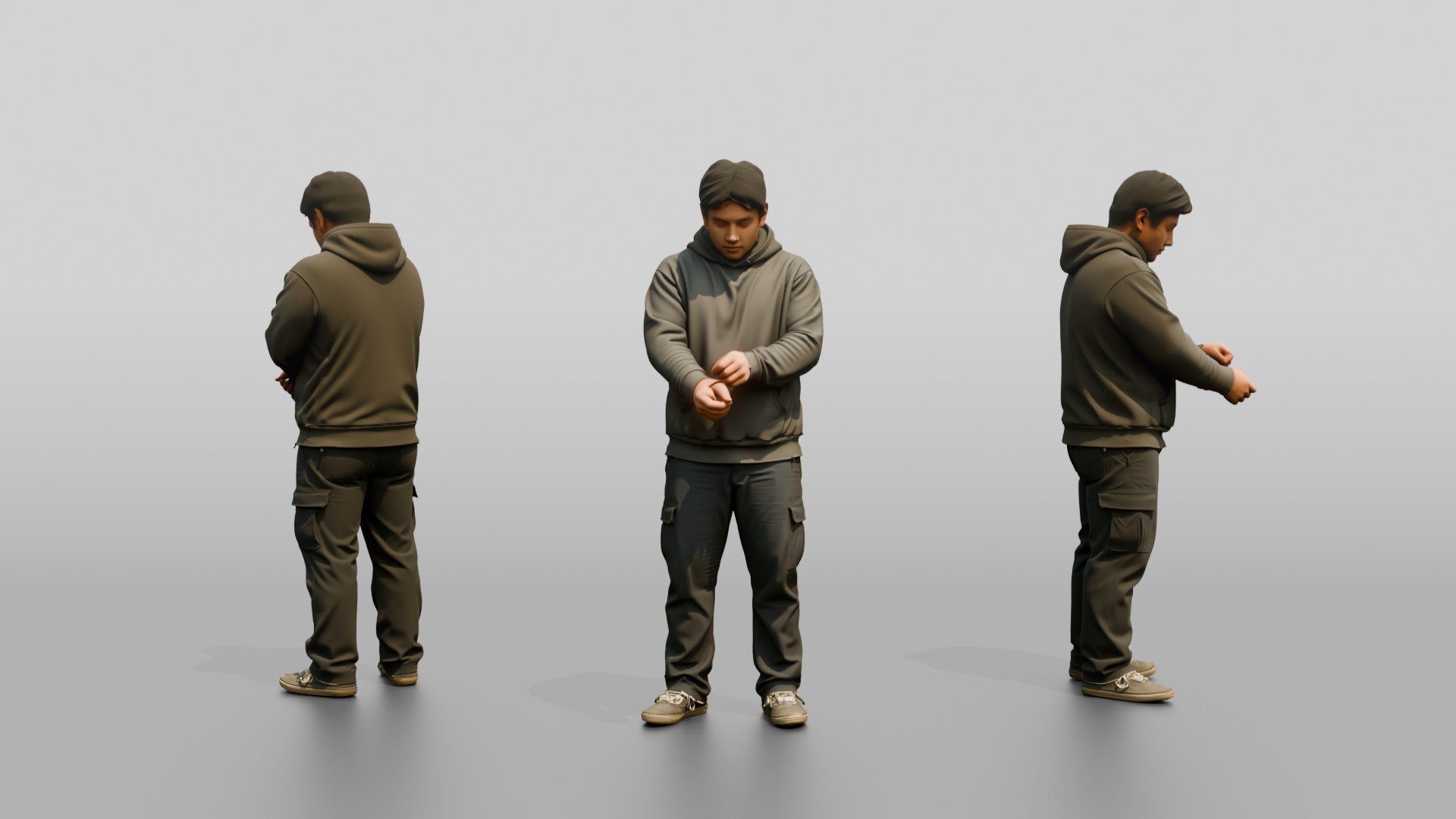 Homeless Man Adjusting His Worn Hoodie