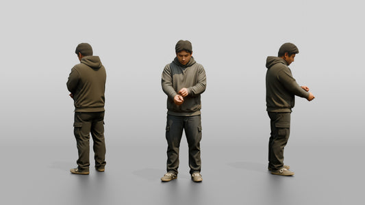 Homeless Man Adjusting His Worn Hoodie