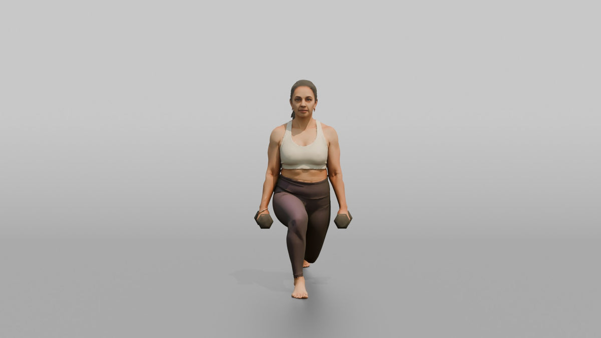 Weightlifter Woman Holding Two Dumbbells At The Sides Mid-lunge - 3D character model, view 5