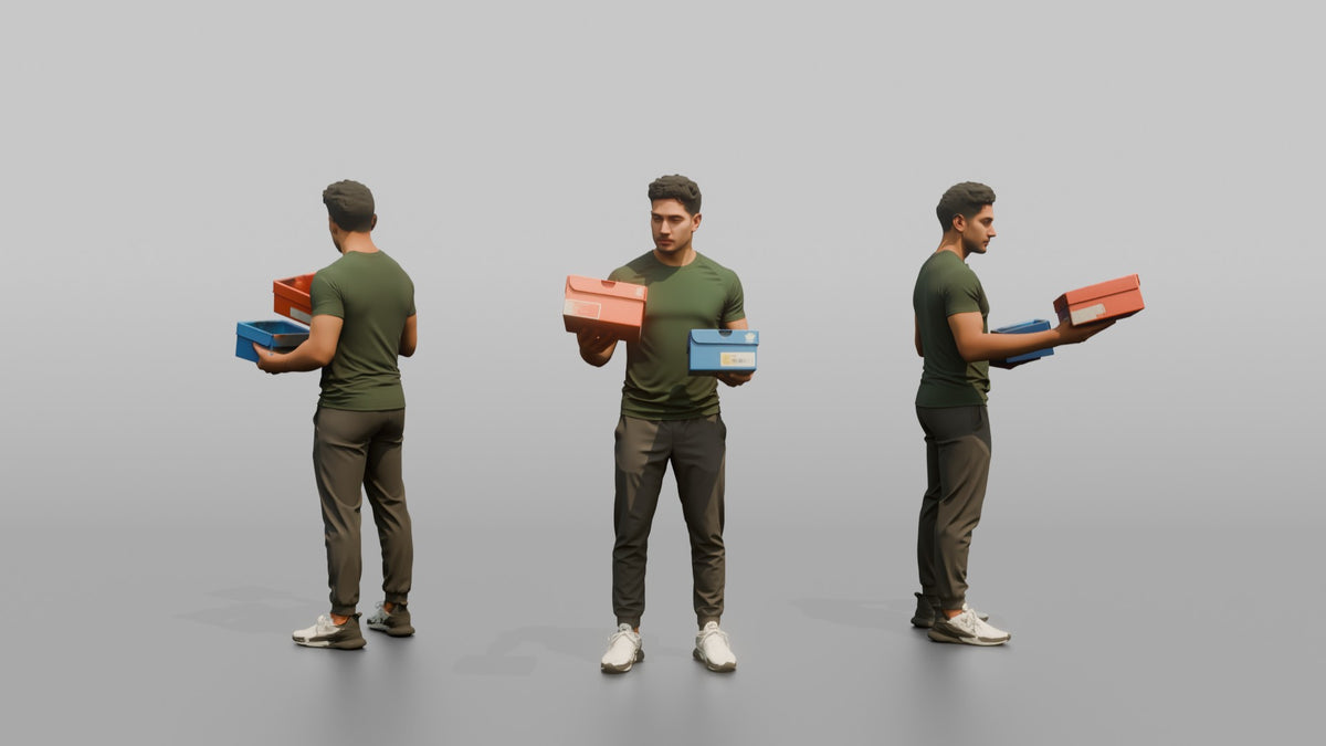 Man Customer Holding Two Sneaker Boxes To Compare - 3D character model, view 1