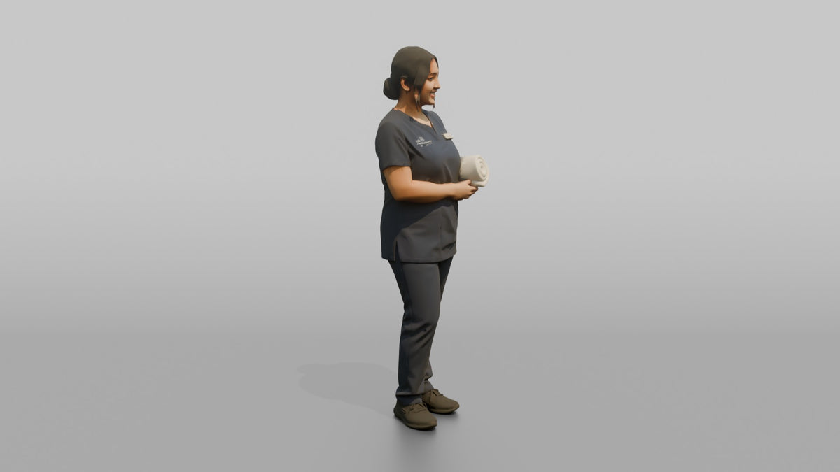 Esthetician Woman Holding A Rolled Hand Towel - 3D character model, view 2
