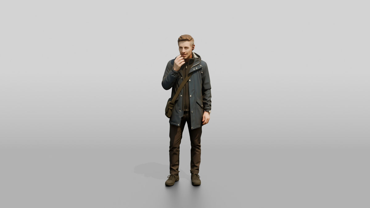 White Man in Dark Raincoat with Earbud - 3D character model, view 5