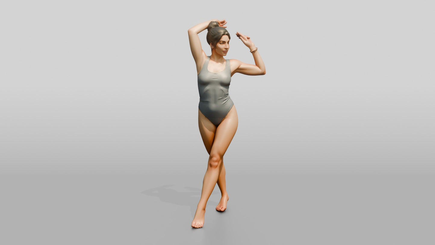Woman in Grey One-Piece Swimsuit Posing Arms Raised