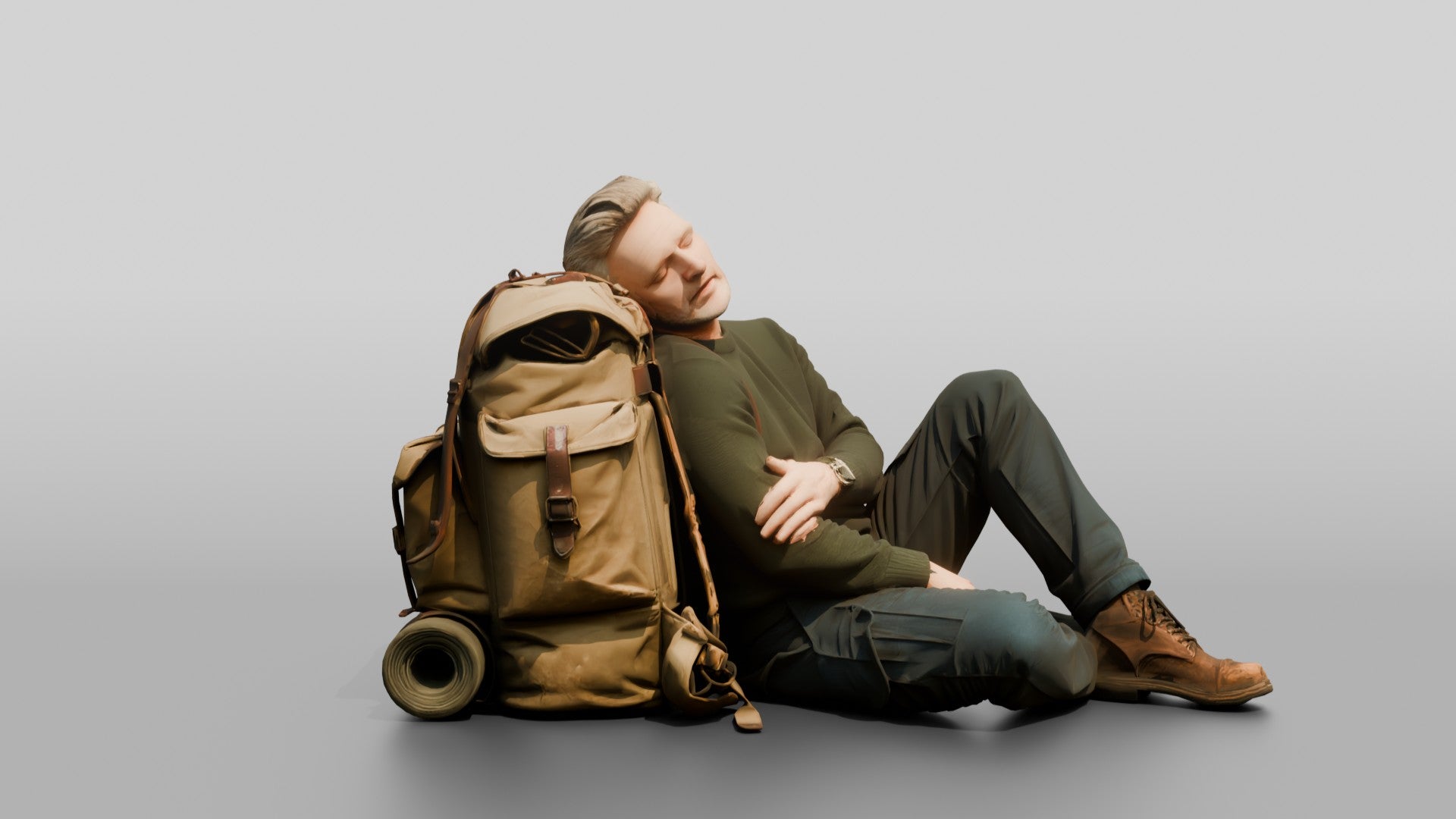 Homeless Man Asleep Leaning Against a Canvas Pack