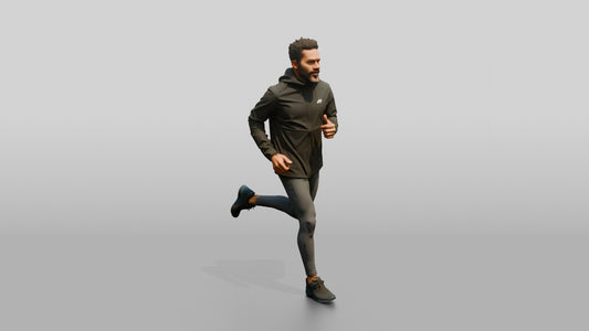 Caribbean Man Jogging in Black Raincoat - 3D character model, view 1