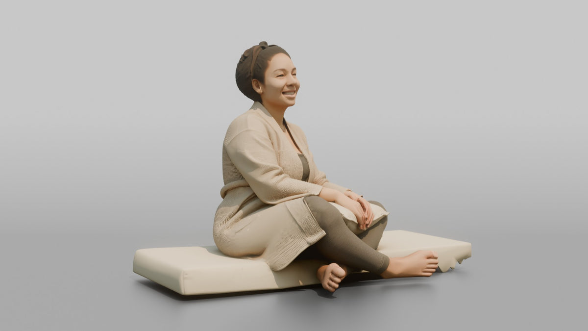 Spa Client Woman Sitting On A Daybed, Legs Crossed, Holding A Small Pillow - 3D character model