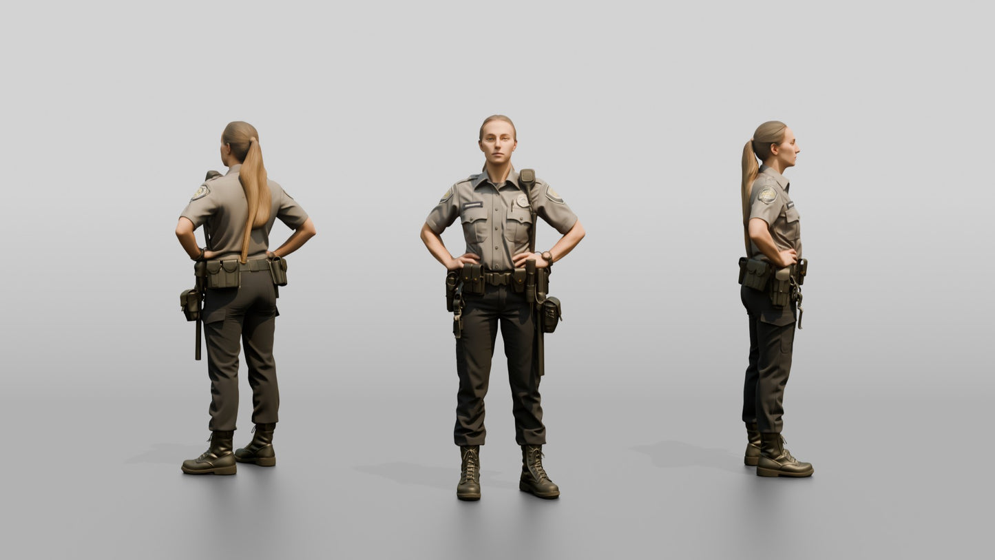 Caucasian Female Guard in a Grey Patrol Shirt and Dark Trousers