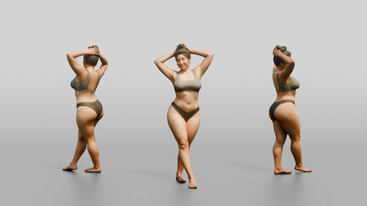 Curvy Woman in Olive Two-Piece Swimsuit Arms Raised