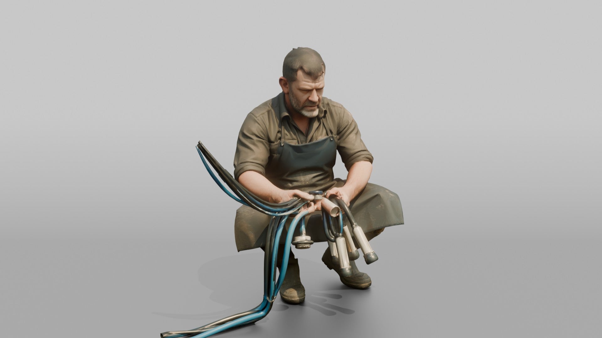Farmer Crouching Down Holding Automated Milking Apparatus Equipment