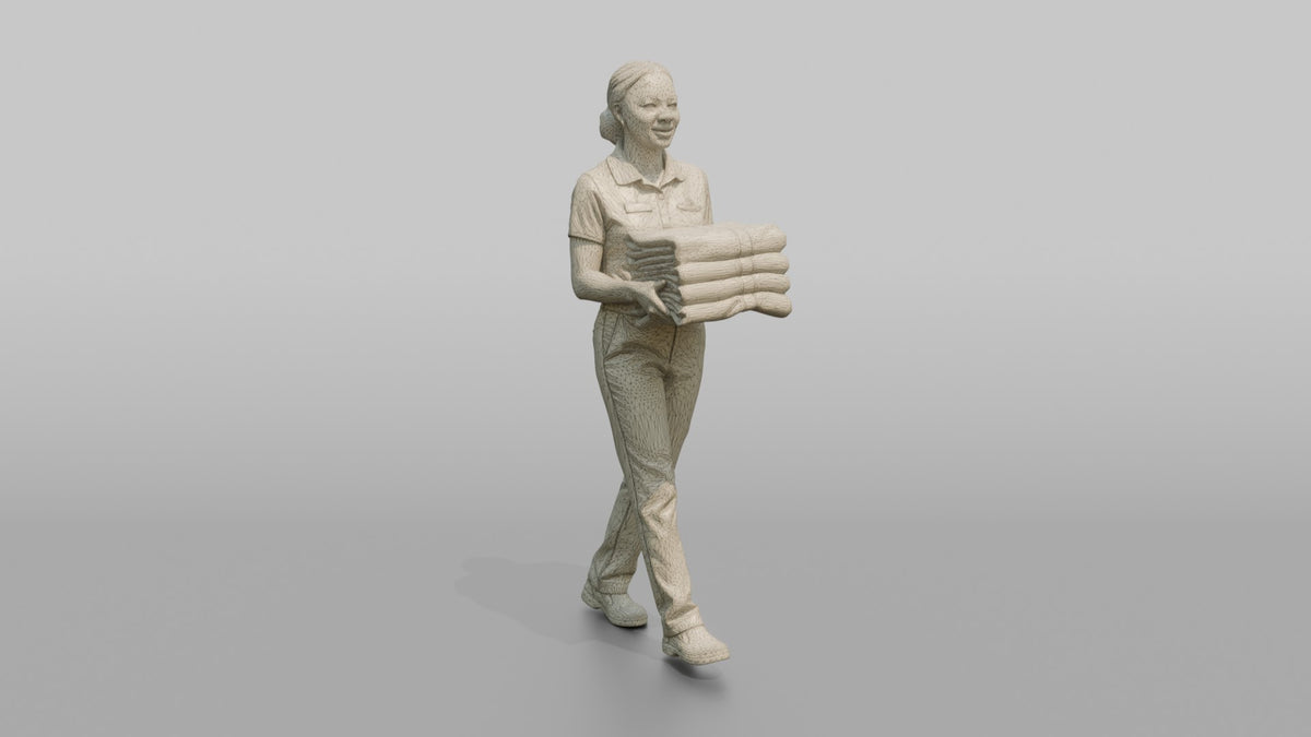 Housekeeping Staff Man Carrying A Stack Of Folded Towels - wireframe topology preview