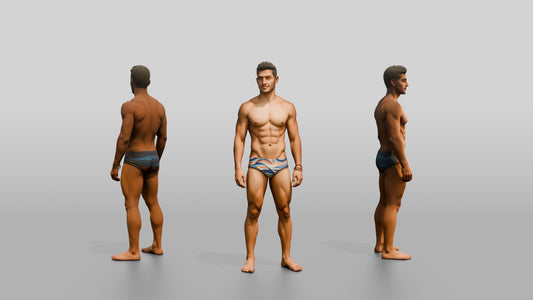 Latino Man in Multi-Colored Swim Brief Beach Pose