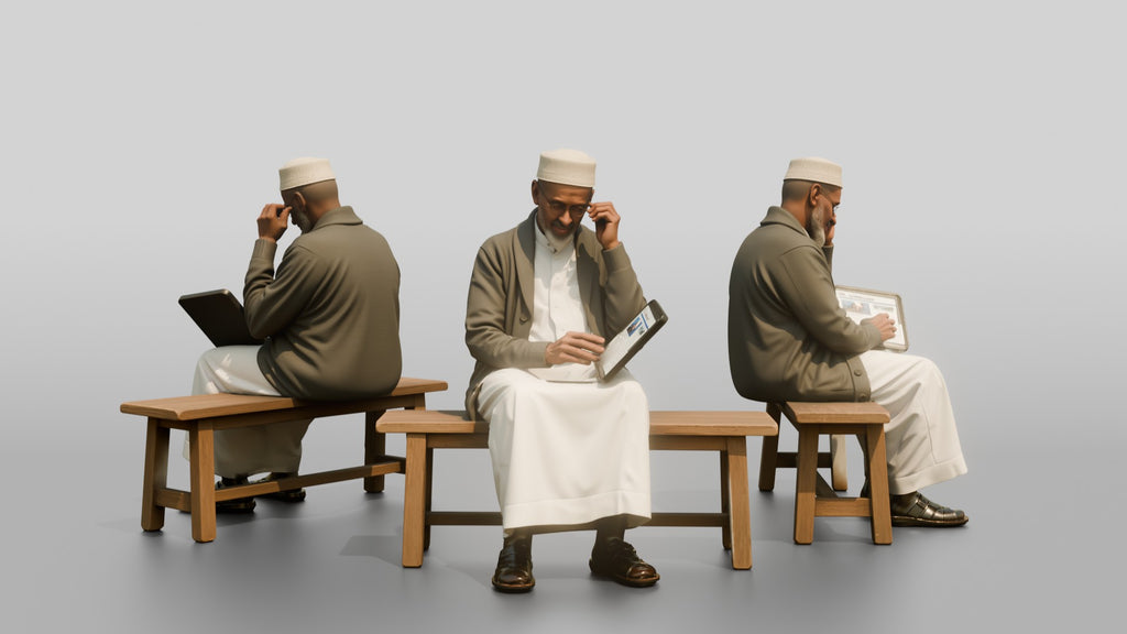 Elderly African Man Reading a Tablet on a Bench