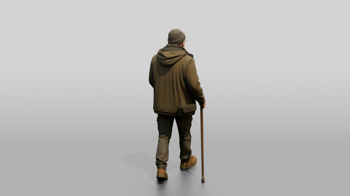 Elderly White Man Walking Slowly in Waterproof Jacket - 3D character model, view 3