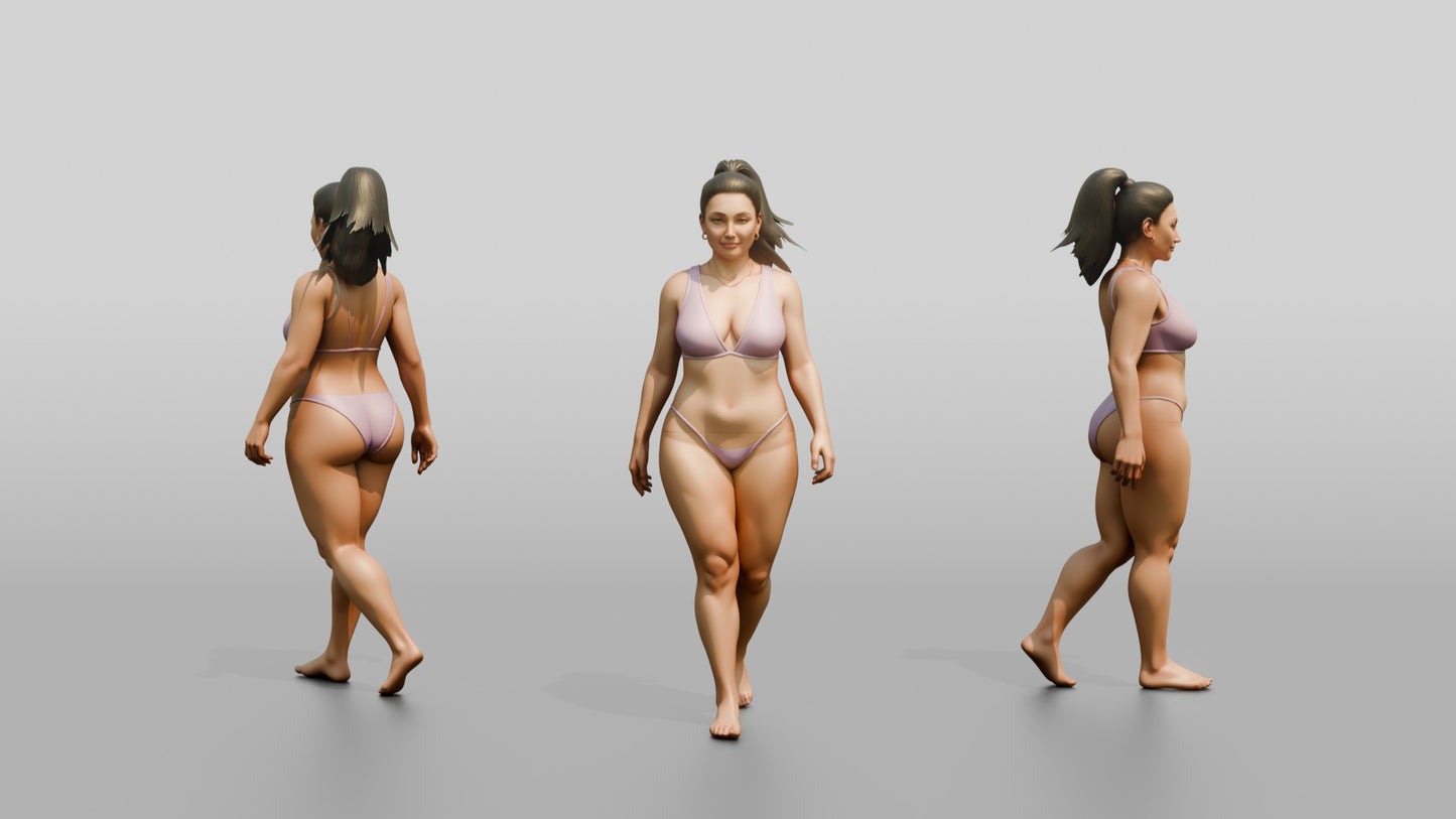 Curvy Woman in Lilac Two-Piece Swimsuit Walking