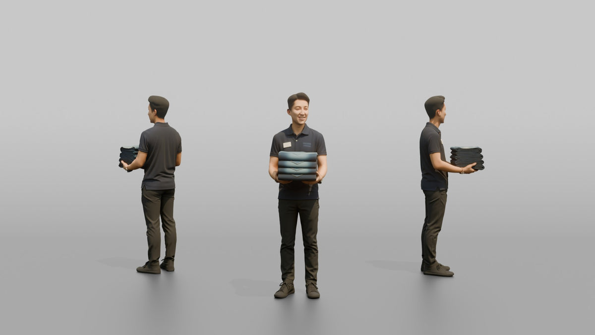 Man Retail Employee Holding A Stack Of Folded Jeans - 3D character model, view 1
