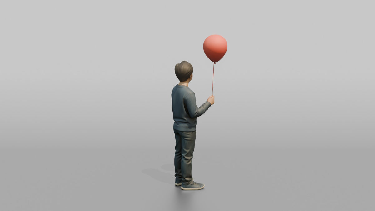 Son Holding A Red Balloon By Its String - 3D character model, view 3