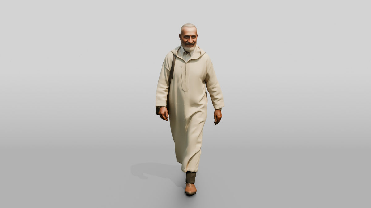Elderly Tall Moroccan Man in Traditional Jalabiya - 3D character model, view 5