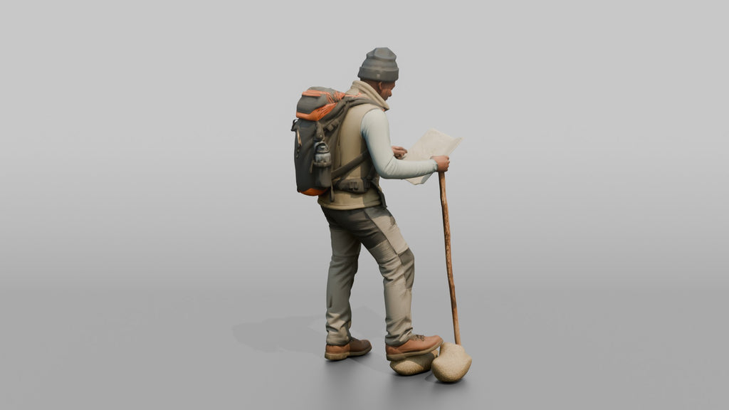 Hiker Leaning on a Walking Stick, Reading a Map