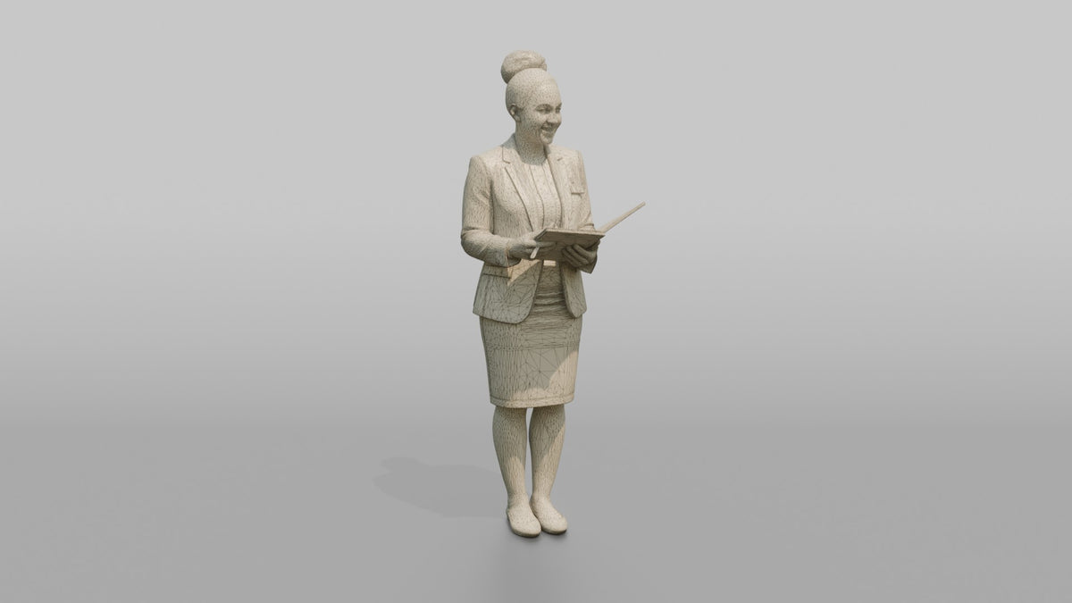 Receptionist Woman Holding A Guest Folder And Pen - wireframe topology preview