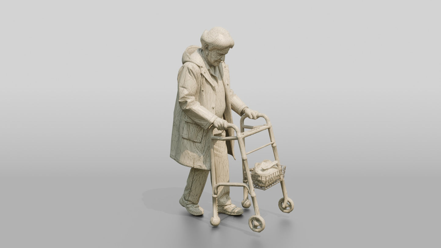 Elderly White Woman in Clear Raincoat with Walker