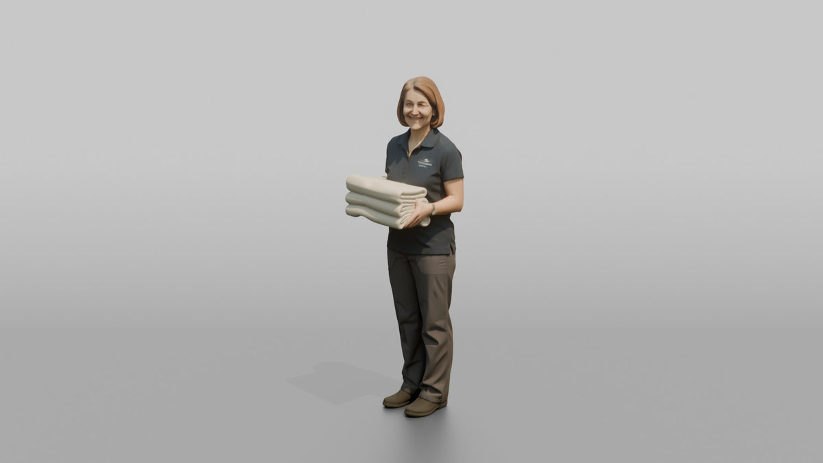 Massage Therapist Woman Holding A Neatly Folded Stack Of Towels - 3D character model, view 4