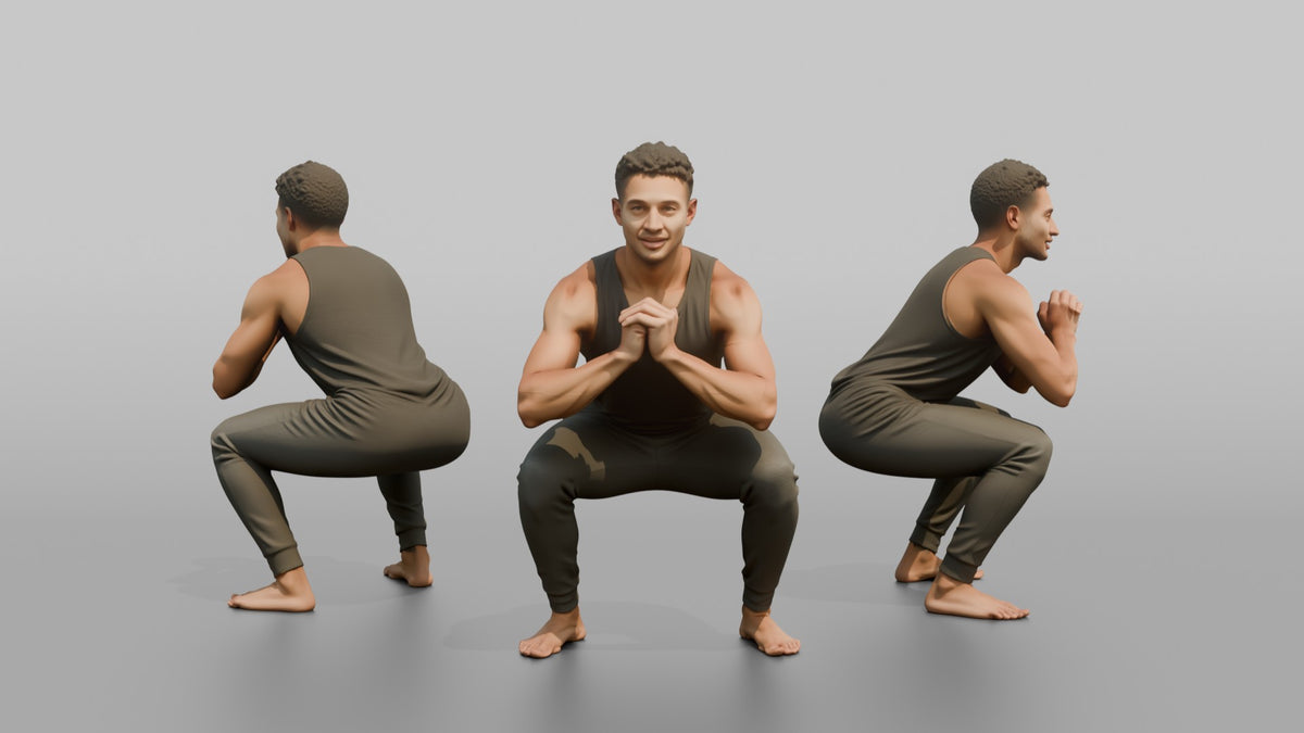 Fitness Influencer Man Doing A Bodyweight Squat With Hands Clasped - 3D character model, view 1
