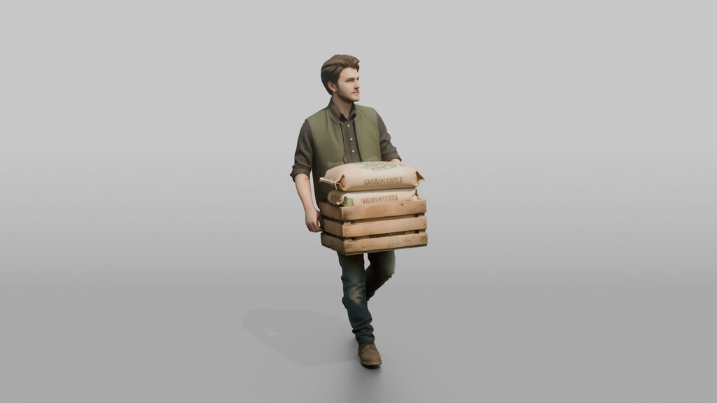 Farmer Carrying Crate Of Animal Feed Bags