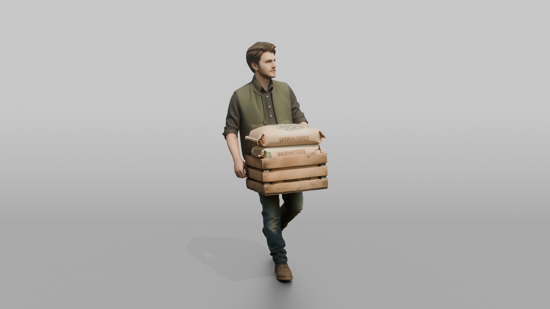 Farmer Carrying Crate Of Animal Feed Bags